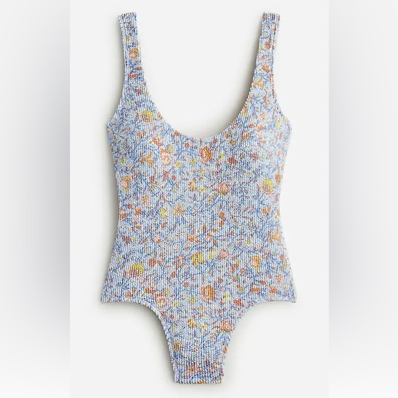 J. Crew Scrunchie Classic Scoop Neck One Piece Swimsuit Blue Floral NEW - Picture 2 of 7